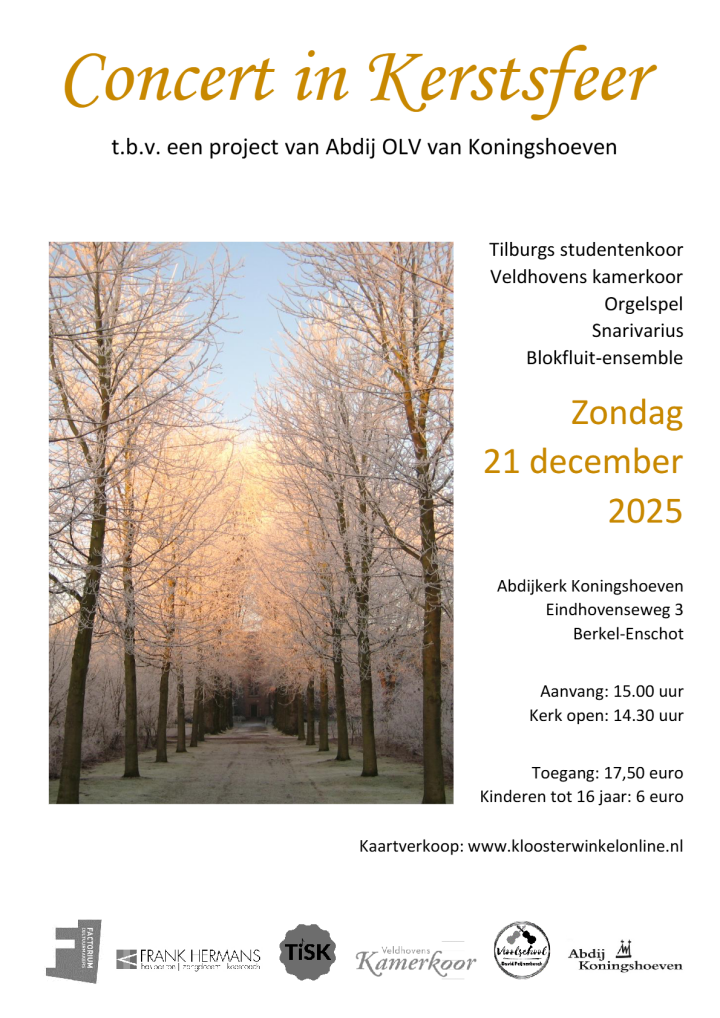 Sfeervolle aankondiging van het Kerstconcert 2025 in de Abdijkerk van Koningshoeven. De foto is gemaakt door broeder Wigbert.